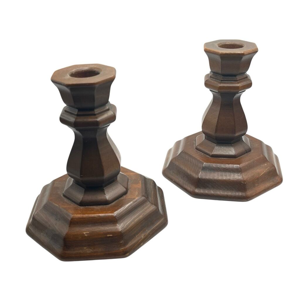 Candle Stick Holders Vintage Set of 2 Wood Octagon Shaped Handmade Retro Rustic